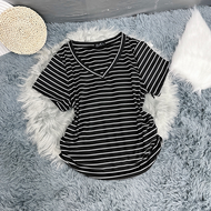 Áo cổ tim sọc rút sườn vải thun Thông thường Cổ chữ V Ôm gọn Kẻ sọc G85