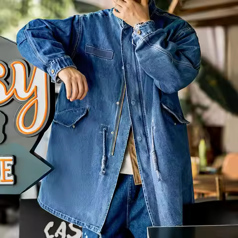 Maden Vintage M65 Denim Tail Coat Menโs Oversize Long Jacket Denim Fishtail Parka Thick 2022 Autumn