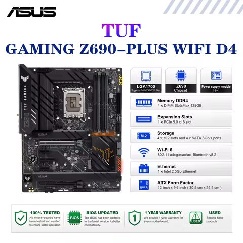 ASUS TUF GAMING Z690-PLUS WIFI D4 Motherboard Socket LGA1700 CPU DDR4 5333(OC) MHz Memory Chipset Z6