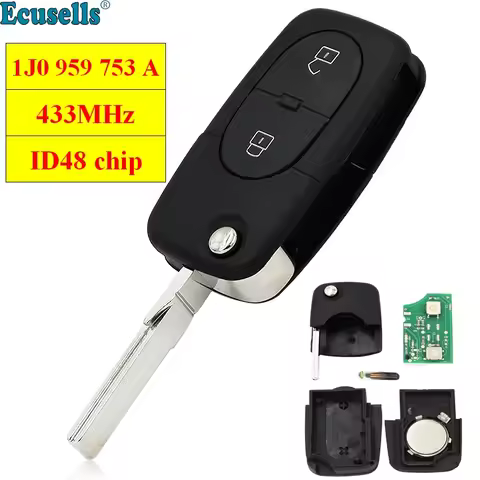 Flip Remote Key Fob 1J0 959 753 A 2 BUTTON 433Mhz with ID48 Chip for Volkswagen Bora Golf Beetle Pol
