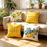 Yellow Lemon Blue Flowers "Happy Sunshine" Pattern Pillow Cover 40x40/45x45/50x50cm Linen Pillow Cas