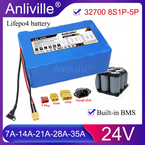 32700 New 24V 7AH 14AH 21AH 28AH 35AH LiFePO4 Battery Pack 8S1P-5P Built-in BMS For 25.6V UPS Power 