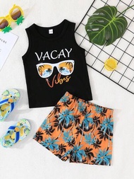 嬰兒男童夏季休閒套裝，字母&amp;太陽眼鏡印花背心+椰樹印花短褲