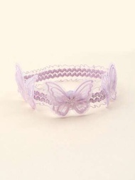1入組紫色蕾絲蝴蝶頭箍,優雅的蕾絲網蝴蝶頭髮箍,婚禮派對頭飾,兒童寶寶髮飾