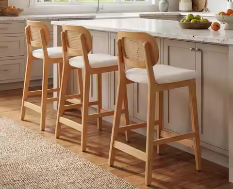 Rattan Counter Height Bar Stools Set of 3 Modern Farmhouse Barstools with Cane Backs 26 Inch Wood Co