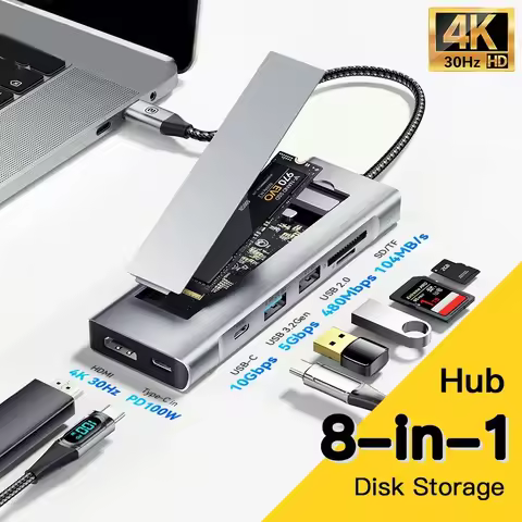 8-in-1 USB Hub With Disk Storage Function SSD M.2 SATA NVME USB Type C to HDMI-Compatible Docking St