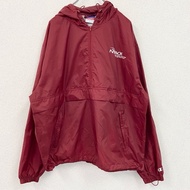 古著 Champion 紅色刺繡 logo 連帽派克大衣，LRED