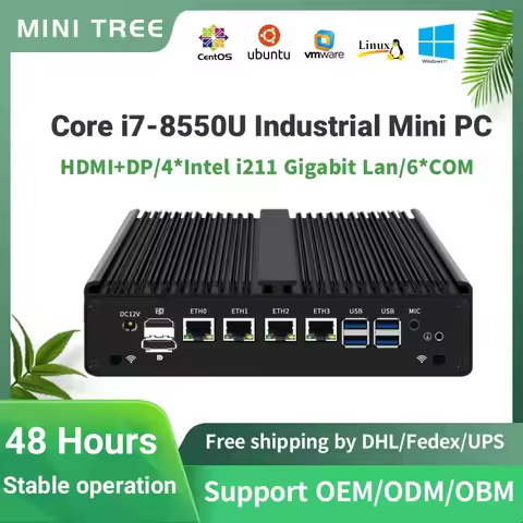 Intel Core i7-8550U i3-7100U Fanless Embedded Industrial PC 6*RS232 COM 4G SIM 4Lan Mini Firewall Ro