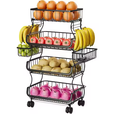4 Tier Rolling Cart, Stackable Fruit Vegetable Basket with Wheels and 2 Hanging Basket, Kitchen Stor