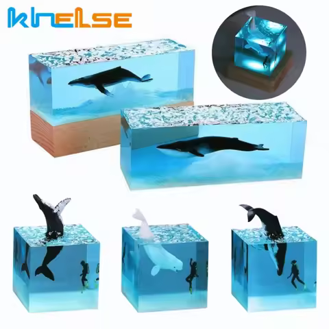 3D Marine Whale Cube LED Table Lamp Resin Decorations Novelty Shark Diver Ocean Micro Landscape Desk