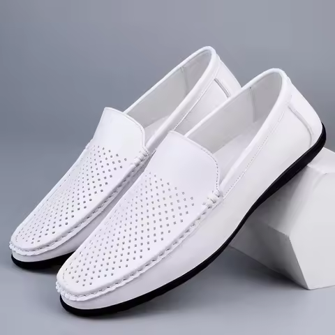 Men Perforated Leather Loafers Summer Breathable Slip-On Loafers Plus Size 38-47 Black White Driving