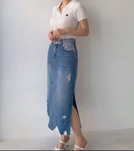 Howluk韓國春季爛牛仔中長裙