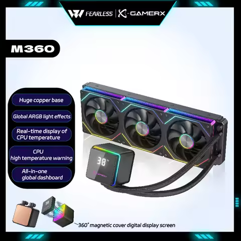 X-GAMERX PowerTrain M360 Water Cooler Processador ARGB 360° Magnetic Cover CPU Digital Temperature D