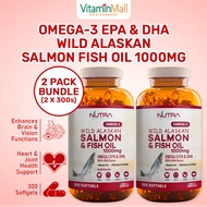 300 Softgels - Nutra Botanics Wild Alaskan Omega 3 Salmon Fish Oil 1000mg - EPA &amp; DHA Supplement Brain Heart Eye Joint Cholesterol Health