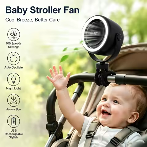 Baby Stroller Fan Adjustable Portable Clip Fan with Auto Oscillate Night Light Aroma Box USB Recharg