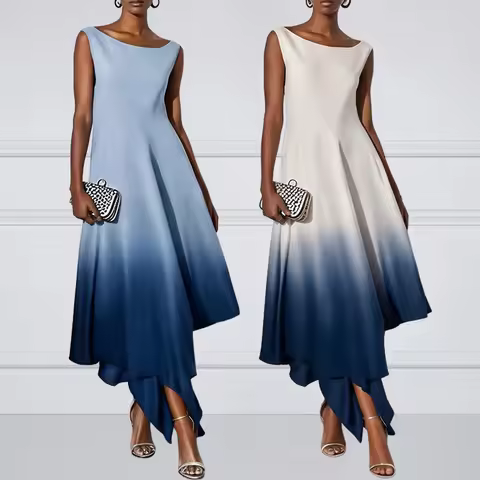 UOOZEE Gradient Ombre Sleeveless Midi Dresses For Women 2026 Summer Asymmetrical Hem Loose Elegant P