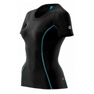 Skins A200 Women Short Sleeves Compression Top - Black/Cerulean | Size XS | Sports Wear | Running Tshirt