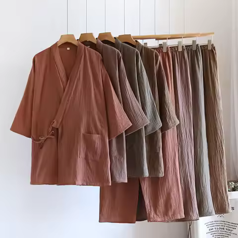 Men Cotton Pajamas Loose Bathrobes V-Neck Kimono Pijama Three Quarter Sleepwear Loungewear