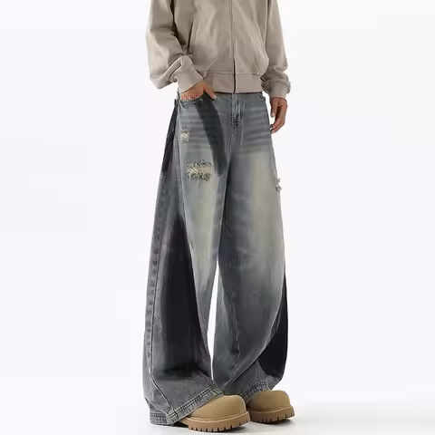 Korean Men'S Patchwork Ripped Jeans Fashion Retro Wide Leg Pants Y2k Jeans Straight Leg Jeans Blue B