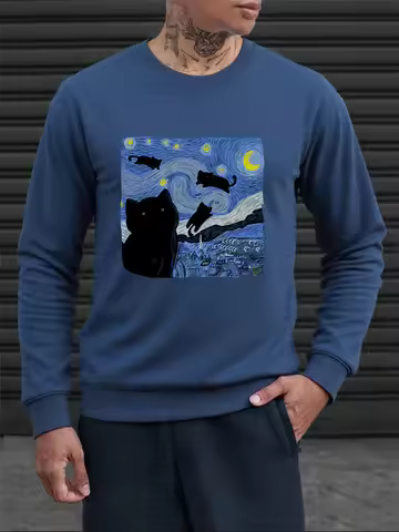 The Cat Has Arrived In The Starry Sky Painting Print Sweatshirt Men Fleece Pullover Autumn O-Neck Sp