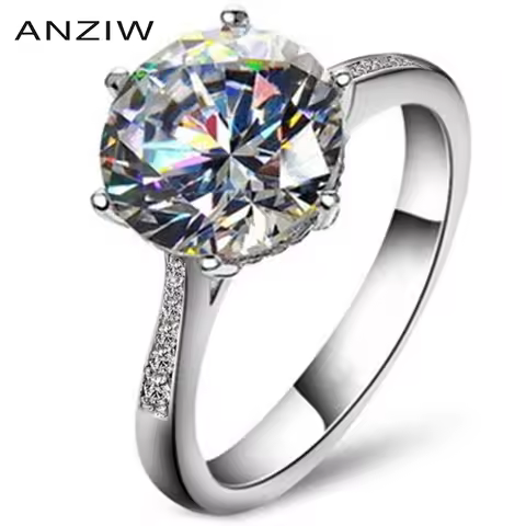 ANZIW Luxury 3.5 Carat Engagement Solitaire Ring Women Genuine 925 Sterling Silver NSCD Big Diamond 
