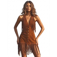 Women's Western Fringe Dress Sexy V-Neck Button Down Sleeveless Tassel Cowgirl Concert Outfit Carame