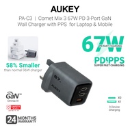 AUKEY PA-C3 Comet Mix 3 67W PD PPS Super Fast Charging 3-Port GaN Wall Charger for Laptop & Mobile (