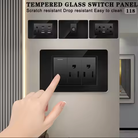 118*75mm Tempered Glass Panel Mount US/Thai Wall Socket with Dual USB Type-C Ports & Light Switch - 