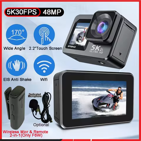 Action Camera F6W Wireless Mic 5K 4K60FPS 48MP 2.2" Touch LCD EIS Dual Screen Wi-Fi 170D Waterproof 