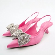 Zara2022 Summer Women's Shoes Rose Red Rhinestone Bow Fashion Pointed Toe Shoes High Heel Mules Women