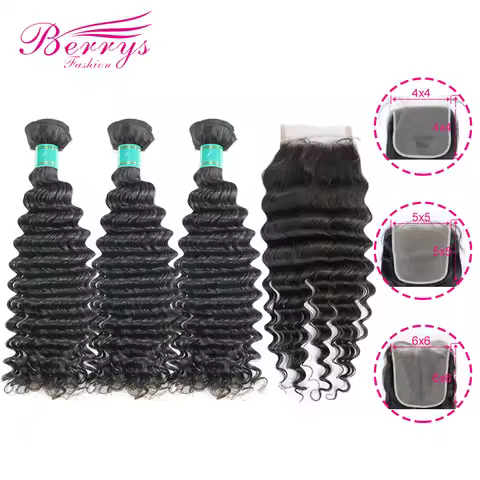 Berrys Fashion Deep Wave Bundles With 4x4 & 5x5 & 6x6 Closure Brazilian Virgin Hair Weave100% Human
