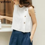VONDA เสื้อกล้ามลำลองสตรีทแฟชั่นเสื้อกระดุมคอเสื้อดาวน์แขนกุดทรงหลวม Camisoles (ลำลองเกาหลี)