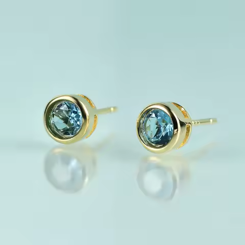 GEM'S BEAUTY 14K Gold Filled Sterling Silver Gemstone Gold Earrings Round Bezel Swiss Blue Topaz Stu