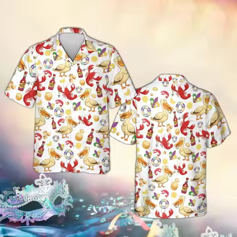 Crawfish Boil Mardi Gras Hawaiian Shirt, Louisiana Fleur De Lis Aloha Shirt, Louisiana Pelican Seafo