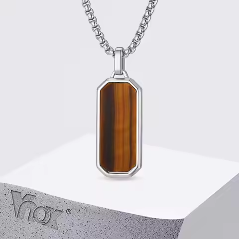 Vnox Natural Tiger Eye Stone Pendant Necklace for Men Boys, Stainless Steel Box Chain Geometric Punk