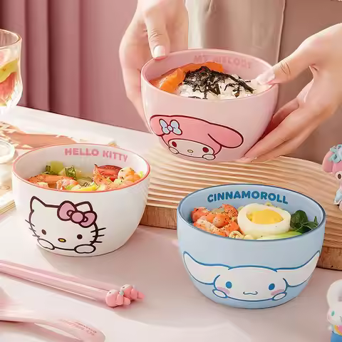 Sanrio Hello Kitty Melody Kuromi Cinnamoroll Ceramic Rice Bowl Household Use Noodle Soup Bowl Cute C