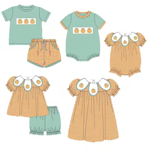 Boutique Thanksgiving Pumpkin Print Kids Boys Girls Outfits Little Girls Dress Toddler Romper Siblin