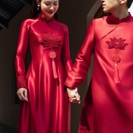 Red Sen Nhi bride and groom ao dai, engagement ao dai, wedding ao dai, bridal ao dai, Maymay ao dai