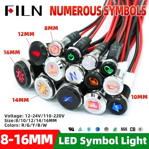 FILN with Wire Symbol LED 12V 24V Dash Pilot Light Metal Indicator 8/10/12/14/16mm Indicator LightCa