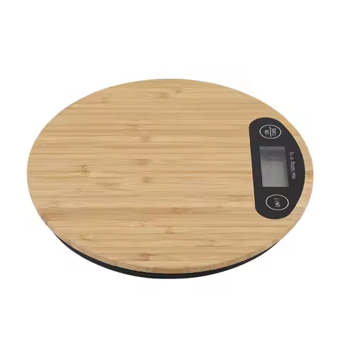Wood ABS Digital Kitchen Scale Round LCD Display Electric Kitchen Scale Tare Function Brown Kitchen 