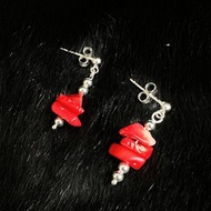 夏季草莓煉乳 不對稱 天然紅珊瑚 925銀 原創手作小眾串珠耳環