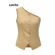 5慧Lovito ชุดเซ็ทกางเกงผู้หญิง สไตล์ลำลอง สีพื้น มีกระดุม อสมมาตร เปิดไหล่ข้างเดียว L70AD138 L70AD144