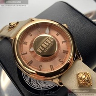 VERSUS VERSACE手錶,編號VV00278,40mm玫瑰金圓形精鋼錶殼,粉金立體雕刻錶面,米白真皮皮革錶帶款,匠心之作!