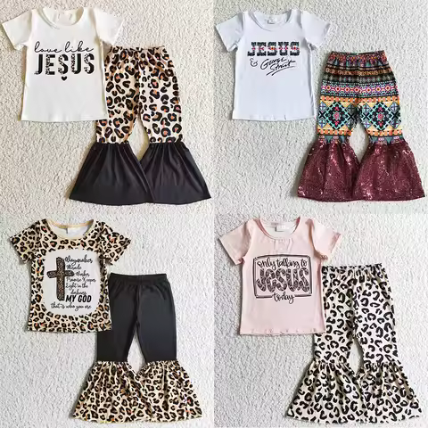 Fashion Baby Girl Clothes Toddler Outfits Boutique Kids Clothes Girls Leopard Bell Bottoms Set Star 