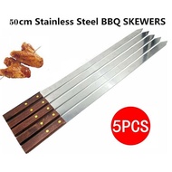 Stainless Steel Wide BBQ Skewers Long Wood Handle Barbecue Fork Stick Shish Kebab Grill Skewer Campi