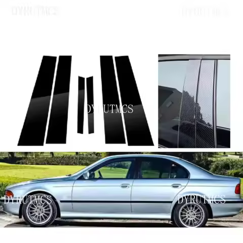 6PCS Gloss Black Silver Carbon Trim Pillar Posts Fit For BMW 5-Series E39 1997 1998 1999 2001-2003 W