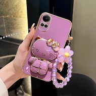Casing OPPO Reno 10 5G  Reno 10 Pro + 5G Reno10 5G Luxury Square Soft Silicone Electroplating Phone Case with Hello Kitty Stand Orchid Flower Bracket Protector Cover