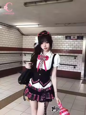 Ryousangata Coquette Japanese Vintage New 2 Piece Set Women Harajuku Puff Sleeve Plaid Mini Skirt Bo