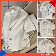 [AM] Women Workwear Blazer Women Suit Jacket Stylish Women's Short Sleeve Blazer with Pockets Lightweight Office Suit Coat for Work Breathable Lapel Neck Jacket