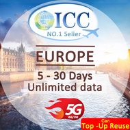 [ICC] Europe & UK(EU-D+) 3-30 Days Unlimited Data SIM (Turkey/Balkans Included*)